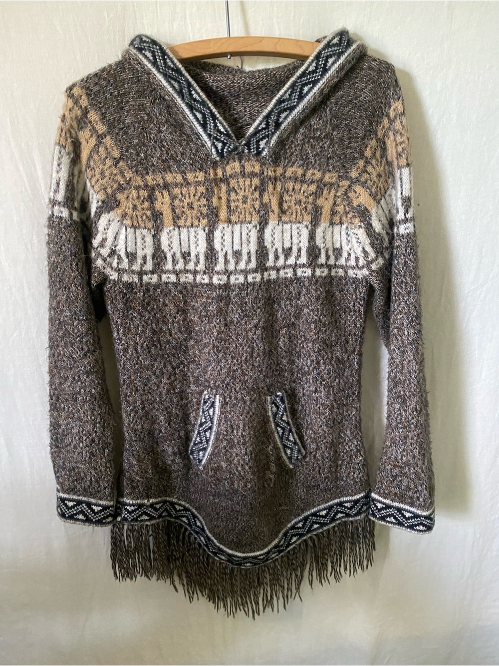 100% Alpaca Wool Fringe Hem Brown Patterned Hooded Sweater - Medium